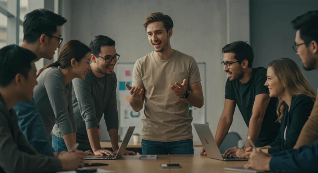 a leader and his team working together
